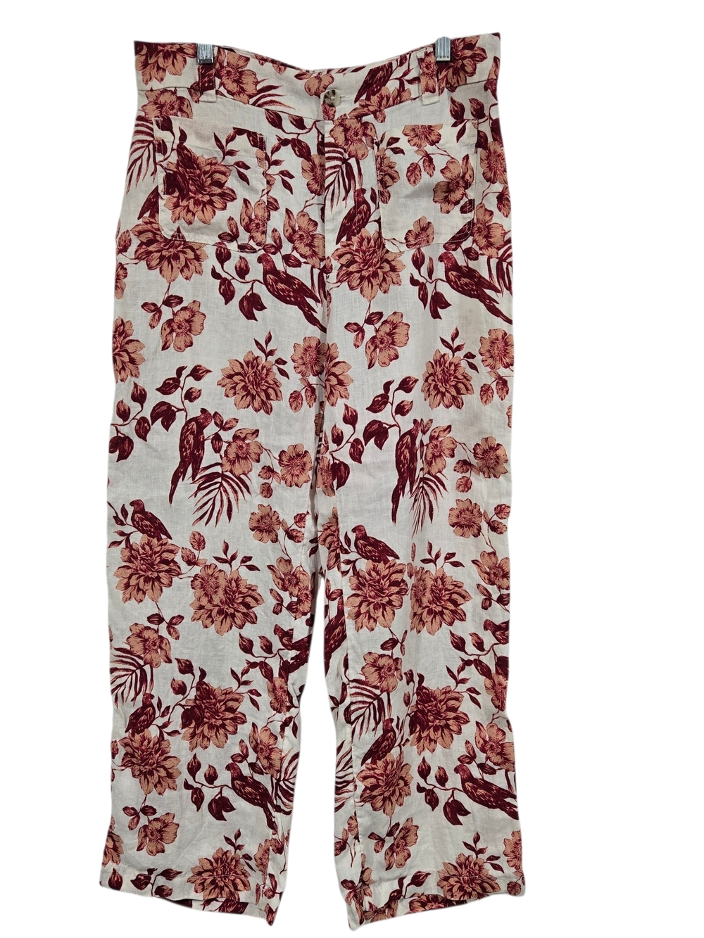 Rachel Zoe Cream and Rust Floral Birds Linen Wide Leg Pants Size 8